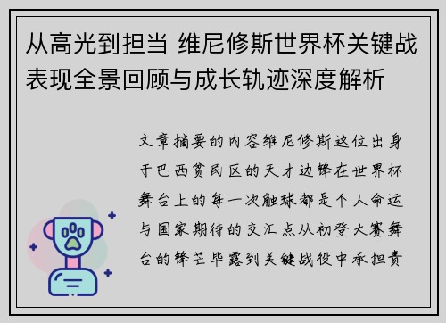 从高光到担当 维尼修斯世界杯关键战表现全景回顾与成长轨迹深度解析