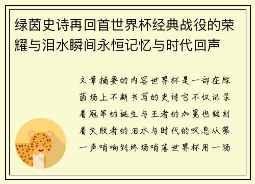 绿茵史诗再回首世界杯经典战役的荣耀与泪水瞬间永恒记忆与时代回声